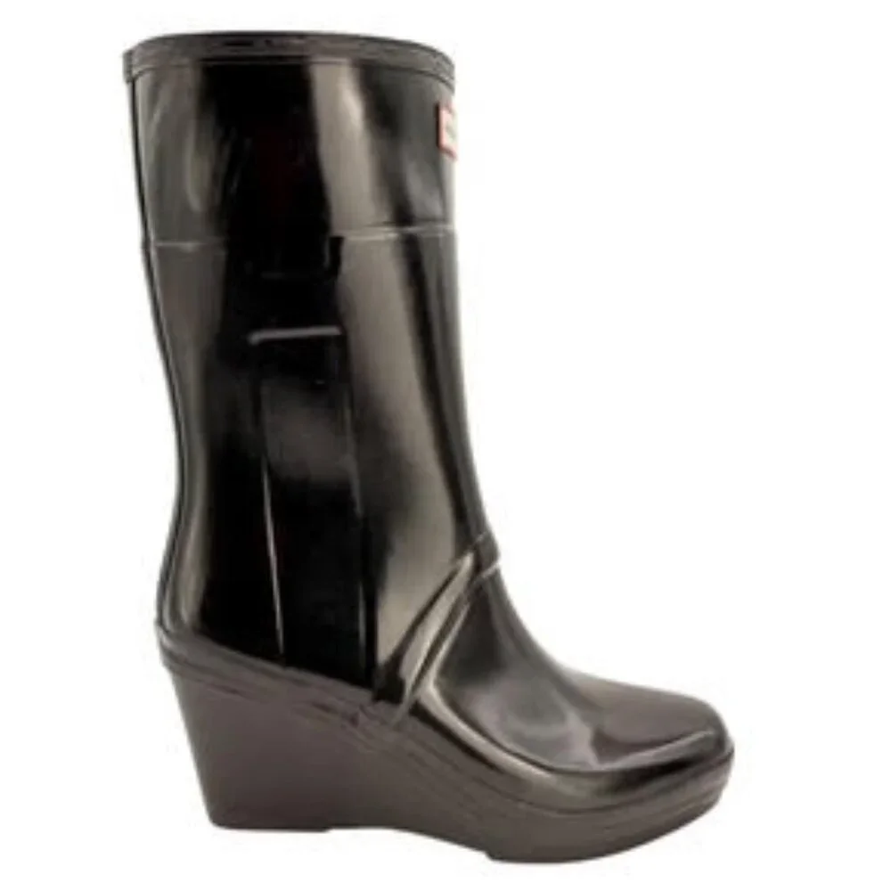Hunter Original Tall High Gloss Wedge Rain Boots Black Rubber Heeled WMS Size 8 - Picture 7 of 15